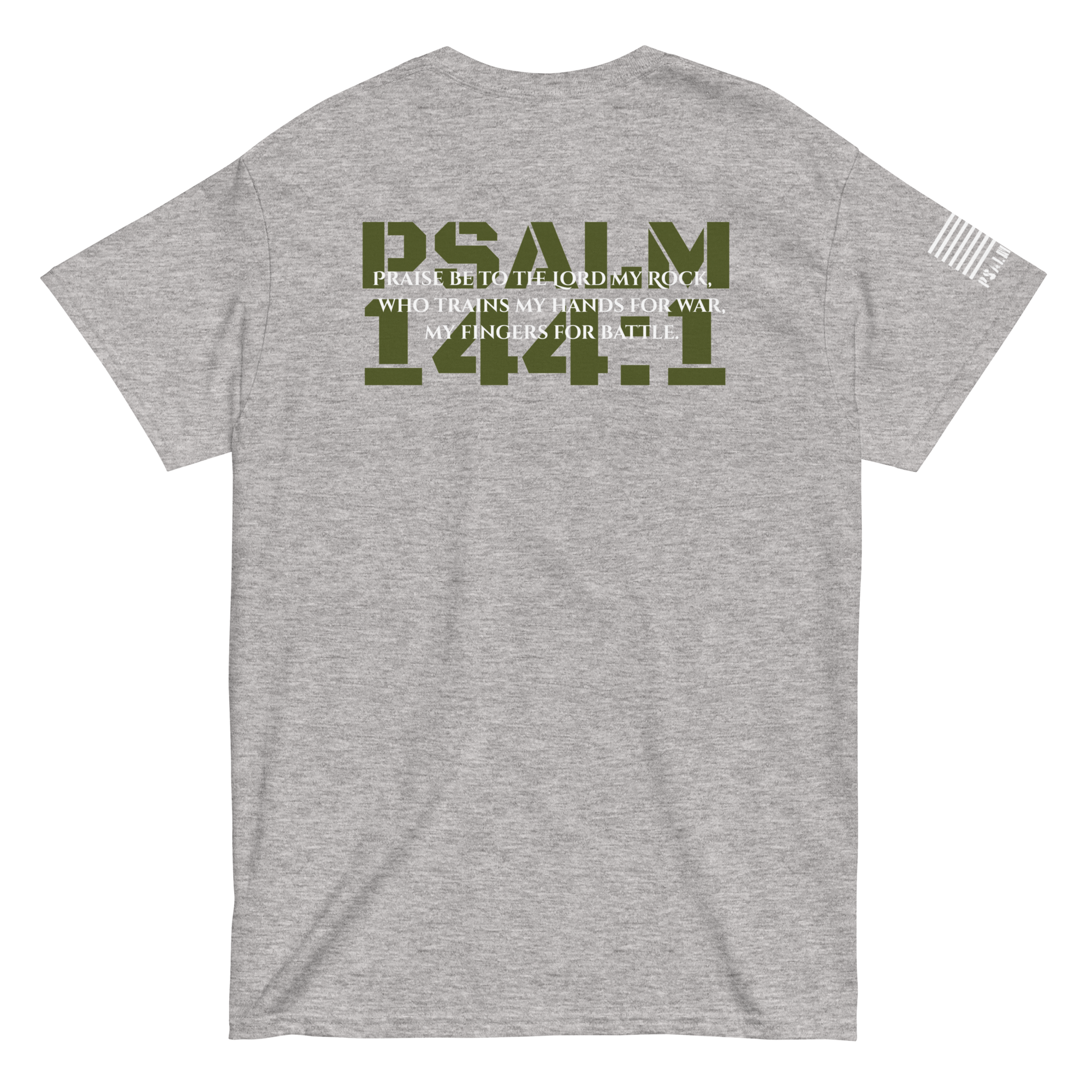 Psalm 144:1 script-back tee from FFO’s Narrow Path Collection — minimalist design